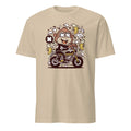 Sand t-shirt with a monkey riding a motorcycle graphic on a white background