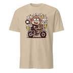 Sand t-shirt with a monkey riding a motorcycle graphic on a white background