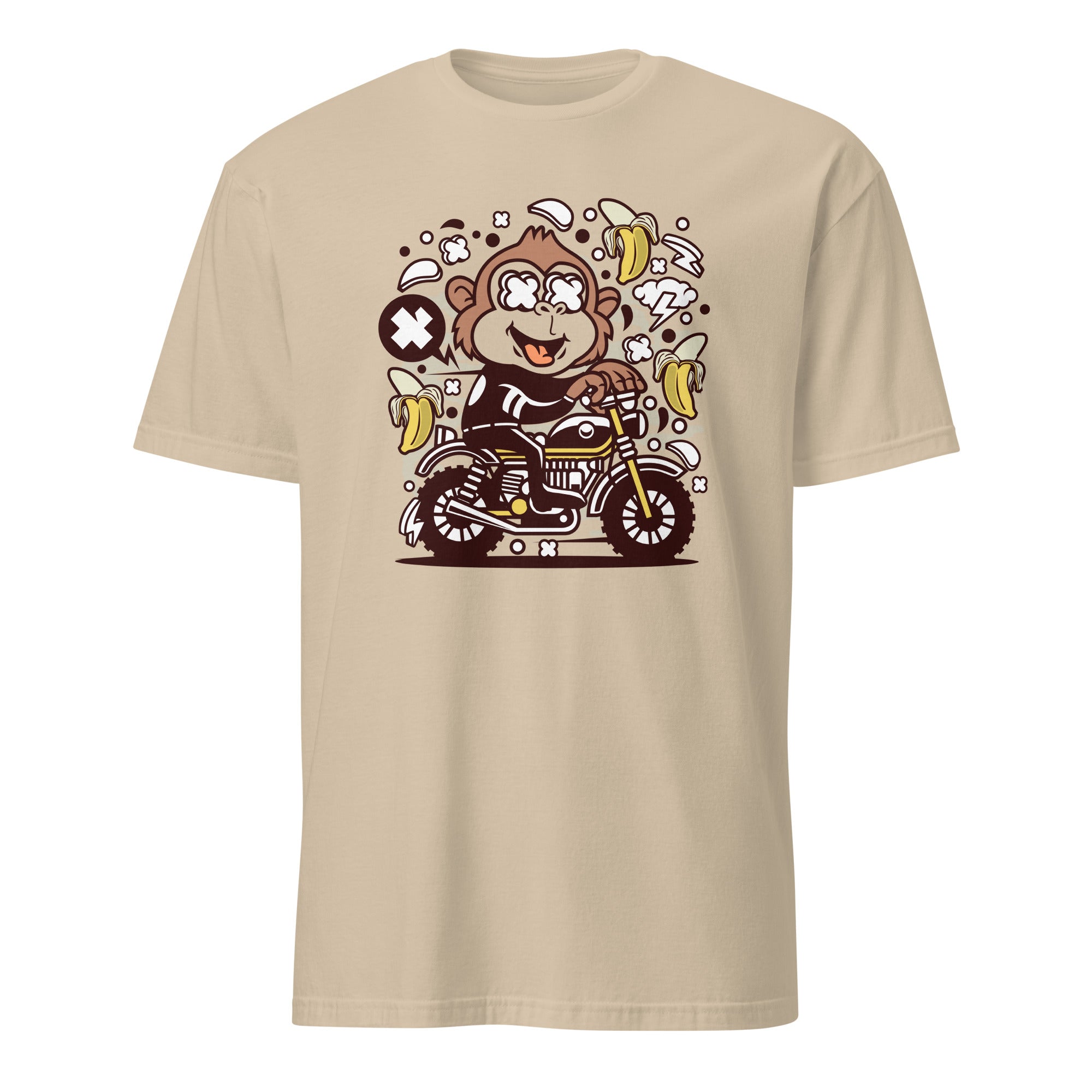 Sand t-shirt with a monkey riding a motorcycle graphic on a white background