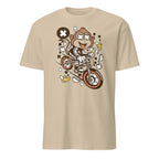 Sand t-shirt with a monkey riding a bike graphic on a white background