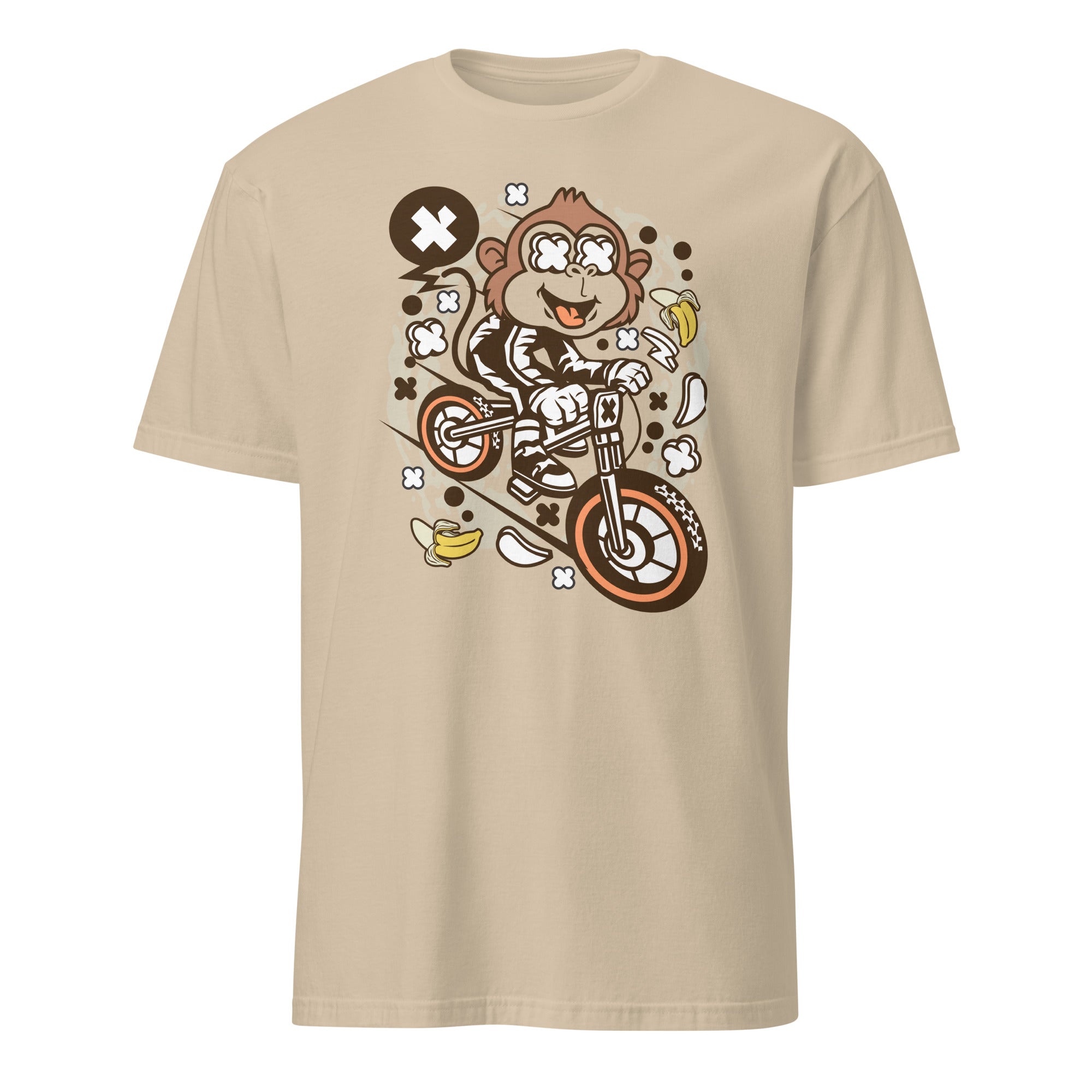 Sand t-shirt with a monkey riding a bike graphic on a white background