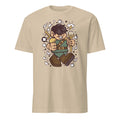 Sand t-shirt with a cartoon character holding a sword and shield on a white background