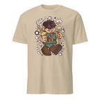 Sand t-shirt with a cartoon character holding a sword and shield on a white background