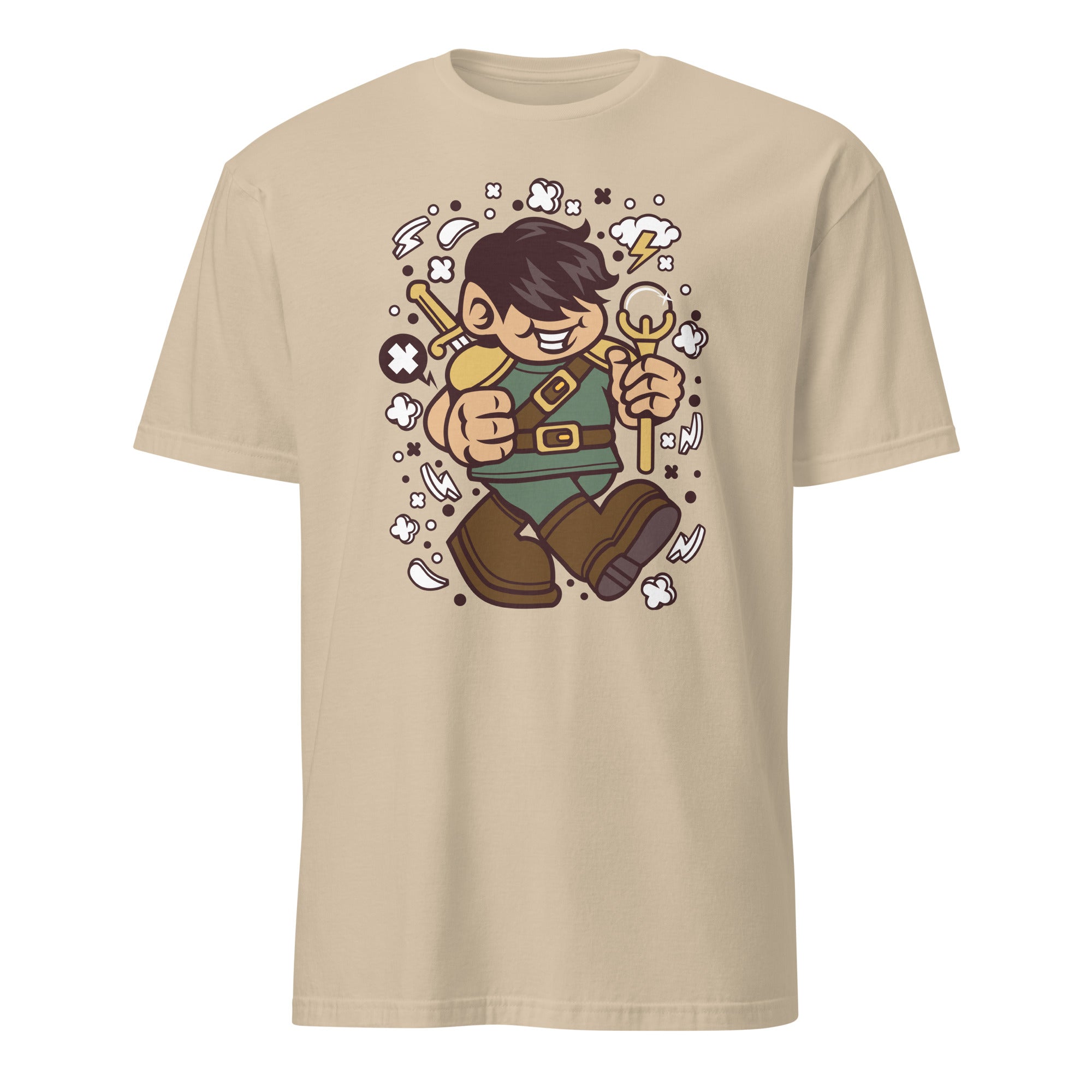 Sand t-shirt with a cartoon character holding a sword and shield on a white background
