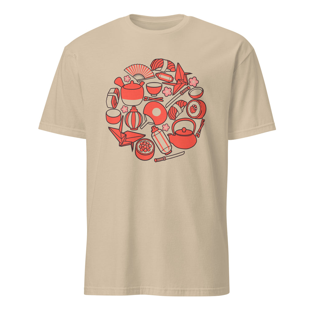 Sand t-shirt with red tea-themed graphic on a white background