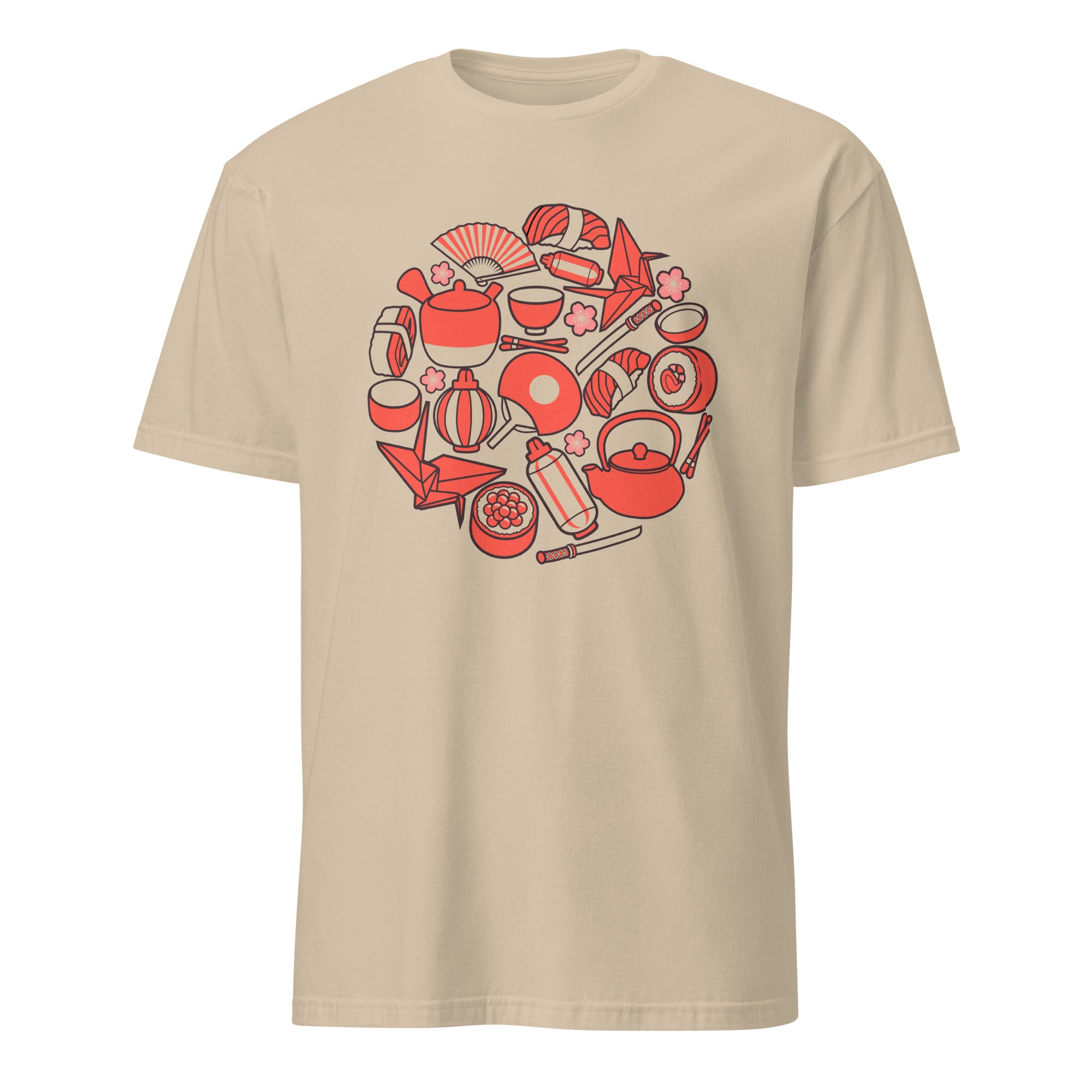 Sand t-shirt with red tea-themed graphic on a white background