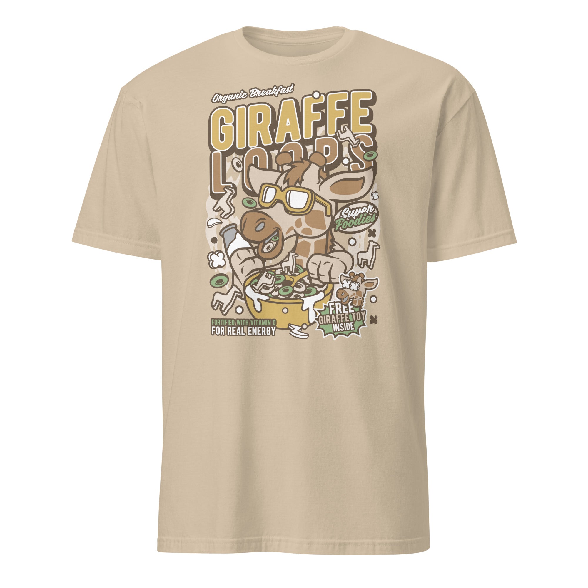 Sand t-shirt with a giraffe graphic design on a white background