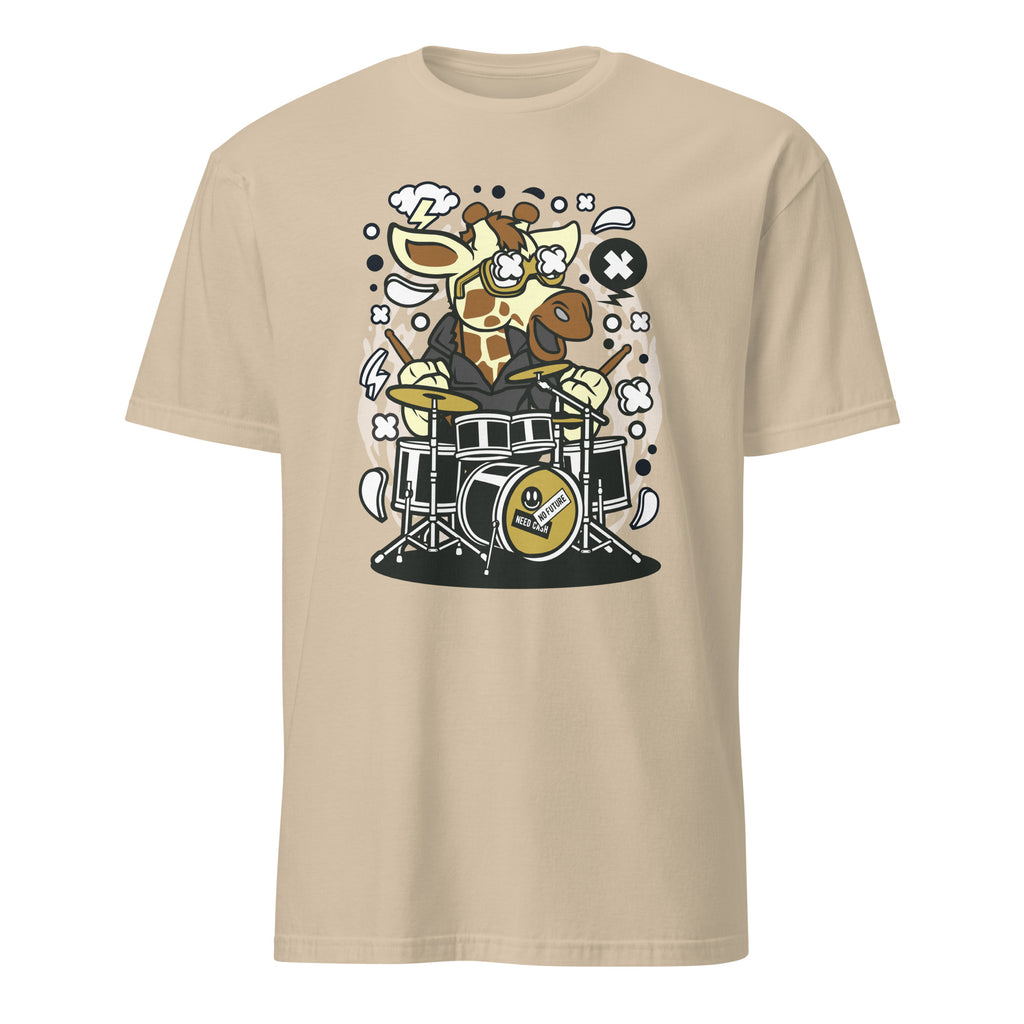 Sand t-shirt with a cartoon cow playing drums on a white background