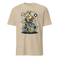 Sand t-shirt with a cartoon cow playing drums on a white background