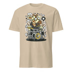 Sand t-shirt with a cartoon cow playing drums on a white background