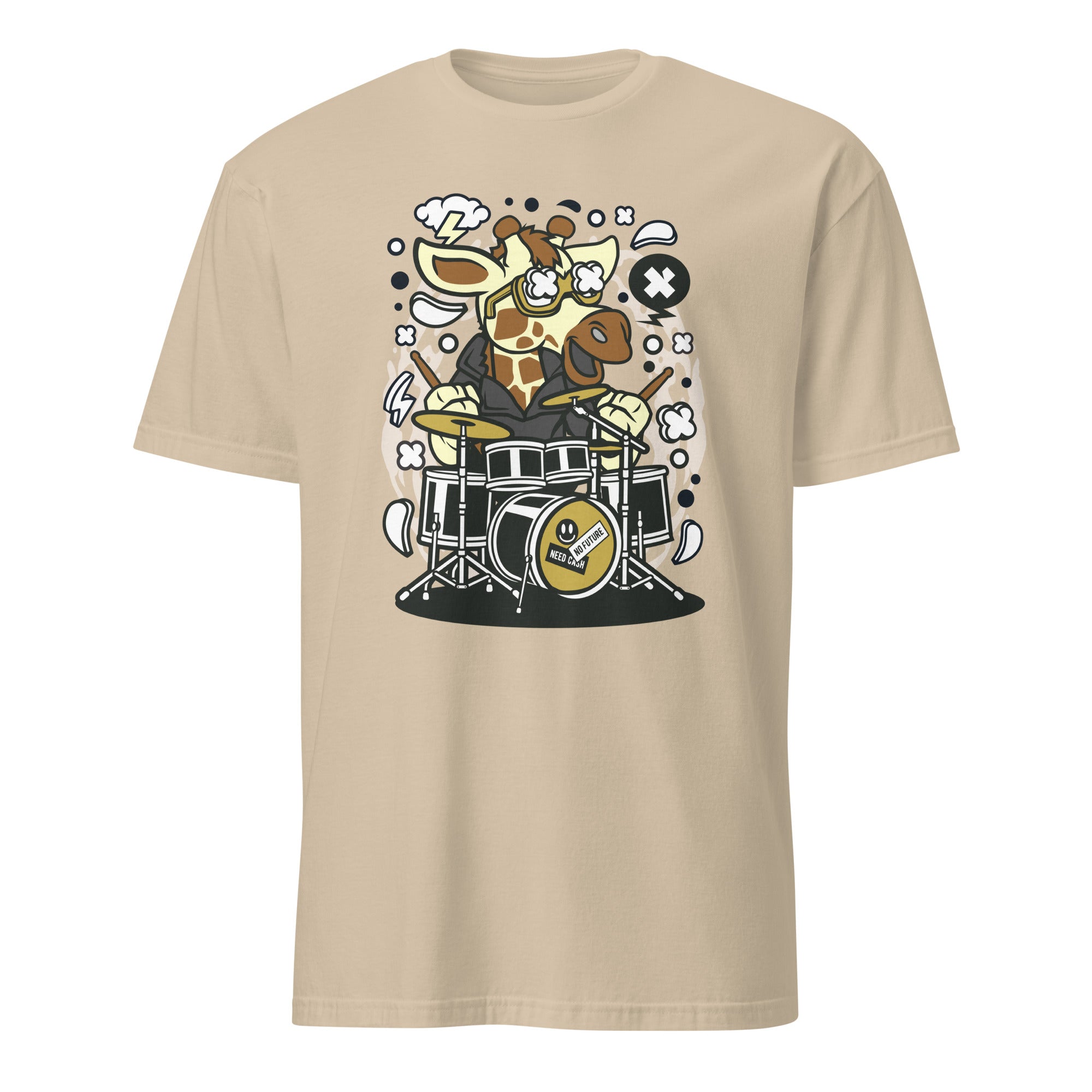 Sand t-shirt with a cartoon cow playing drums on a white background
