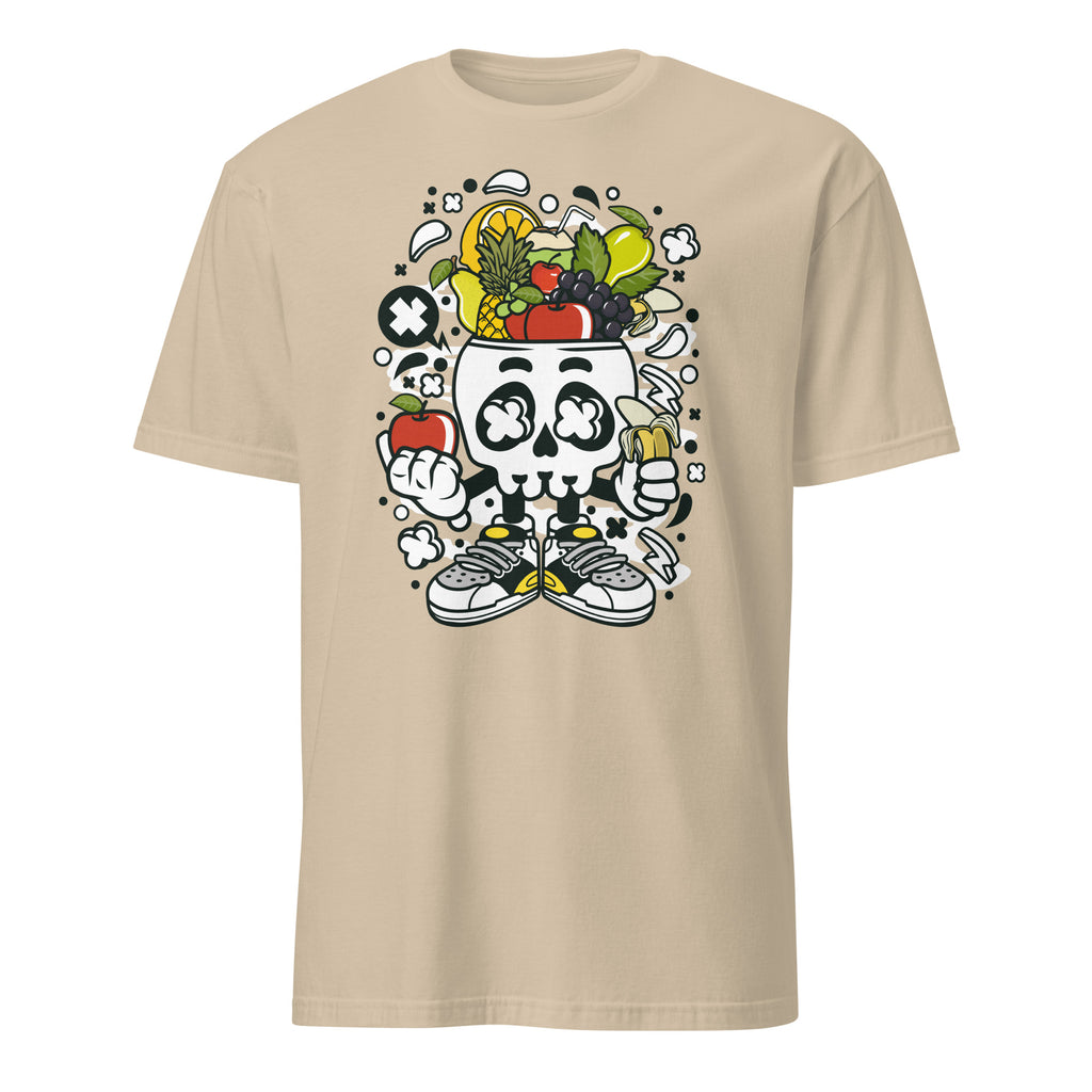 Sand t-shirt with a skull design wearing sneakers and surrounded by fruits on a white background