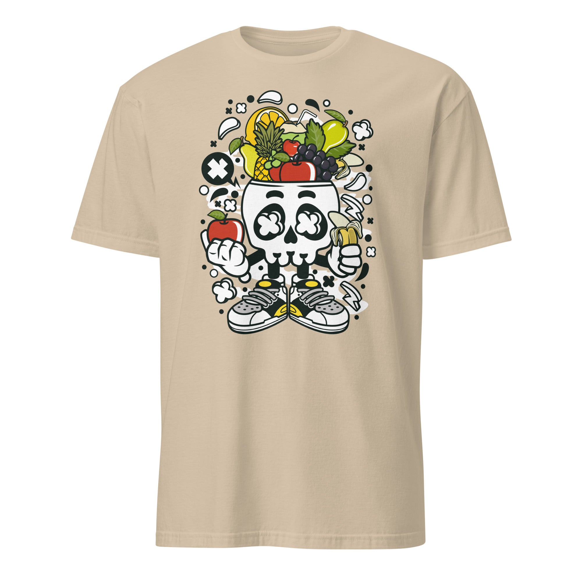 Sand t-shirt with a skull design wearing sneakers and surrounded by fruits on a white background