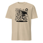Sand t-shirt with a black farmhouse graphic design on a white background