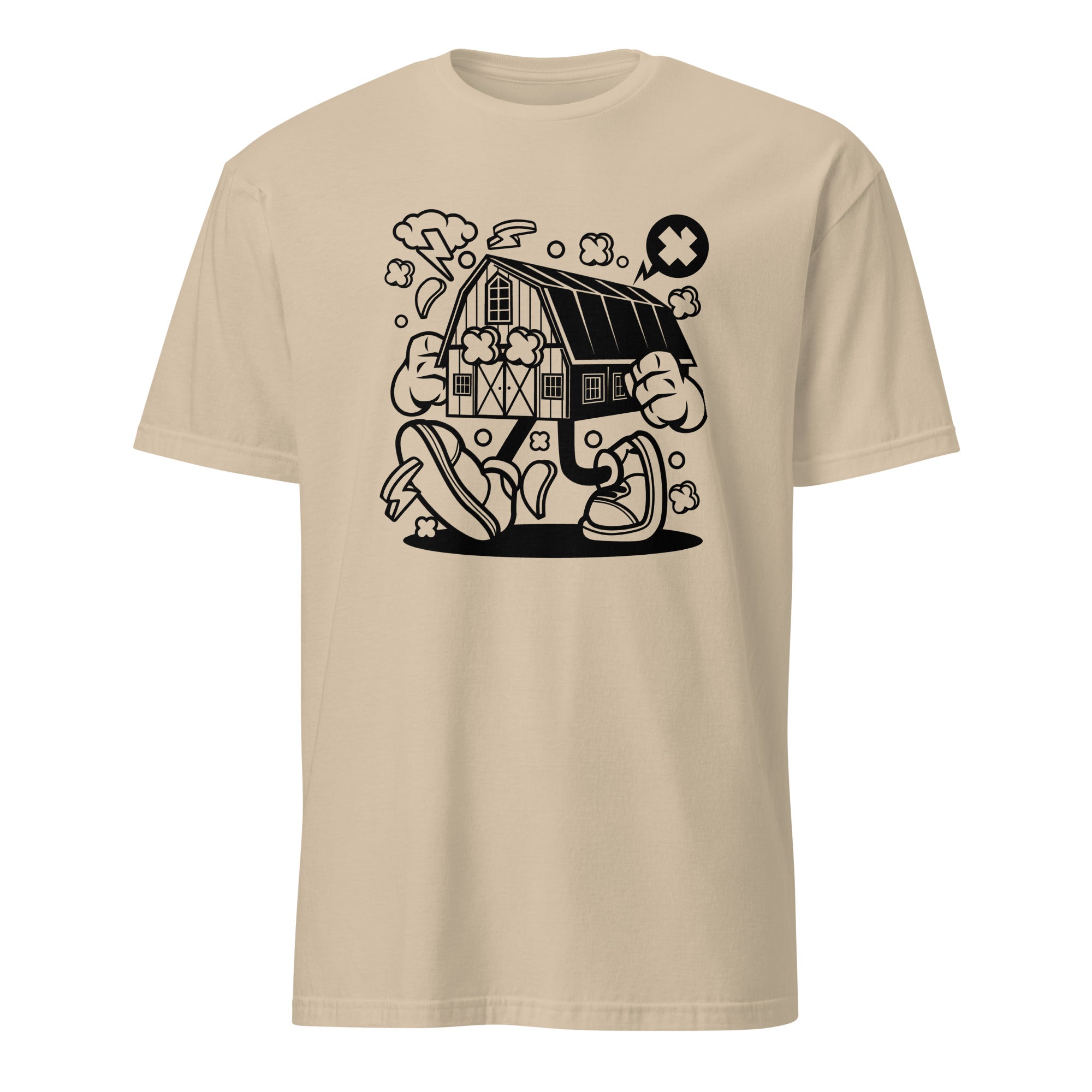 Sand t-shirt with a black farmhouse graphic design on a white background