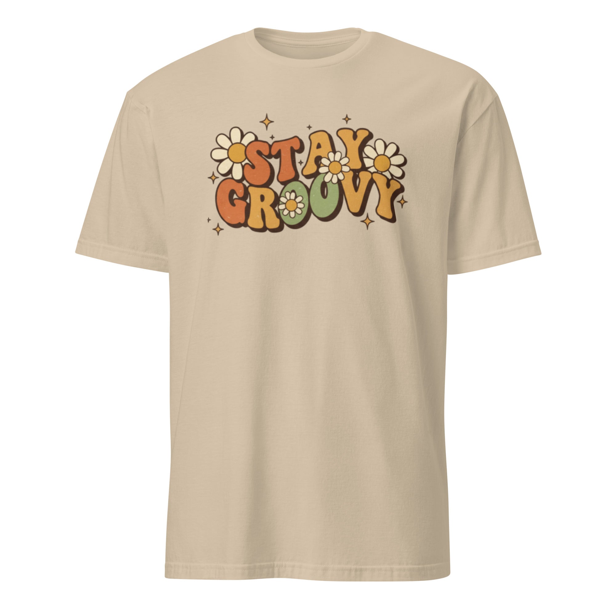 Sand t-shirt with 'Stay Groovy' text and flowers on a white background
