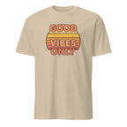 Sand t-shirt with 'Good Vibes Only' graphic on a white background