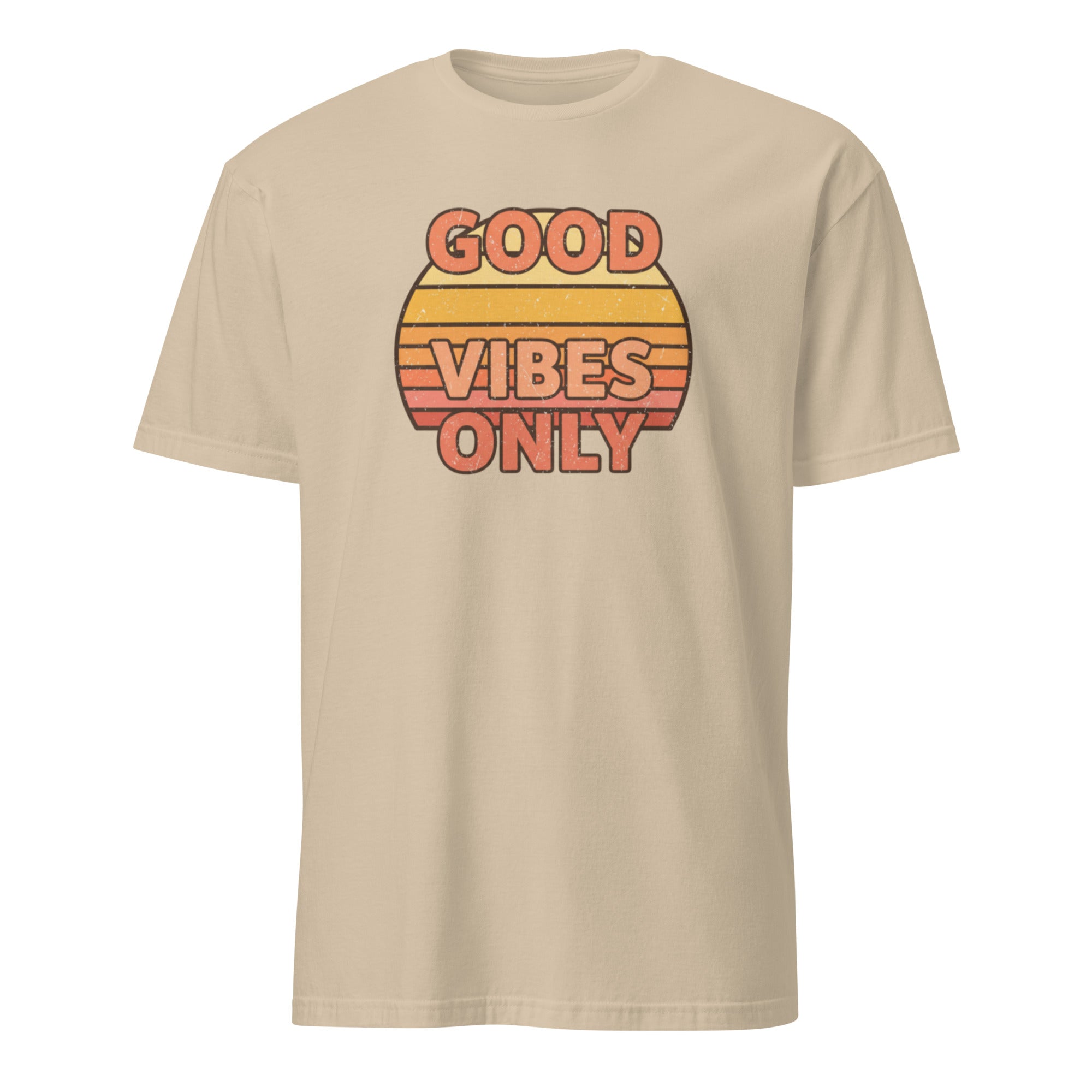 Sand t-shirt with 'Good Vibes Only' graphic on a white background
