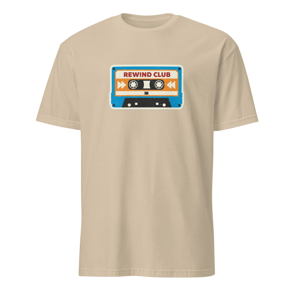Sand t-shirt with a cassette tape graphic and 'Rewind Club' text on a white background
