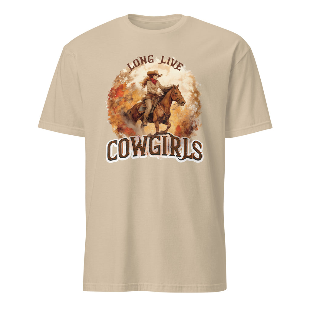 Sand t-shirt with a graphic of a cowgirl on a horse and 'Long Live Cowgirls' text.