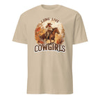Sand t-shirt with a graphic of a cowgirl on a horse and 'Long Live Cowgirls' text.