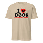 Beige t-shirt with 'I ❤️ DOGS ❤️ IT'S HUMANS THAT ANNOY ME' text on a white background