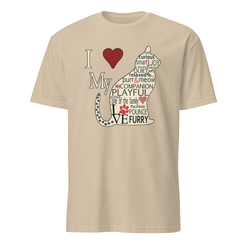Beige t-shirt with a cat-themed graphic and text on a white background