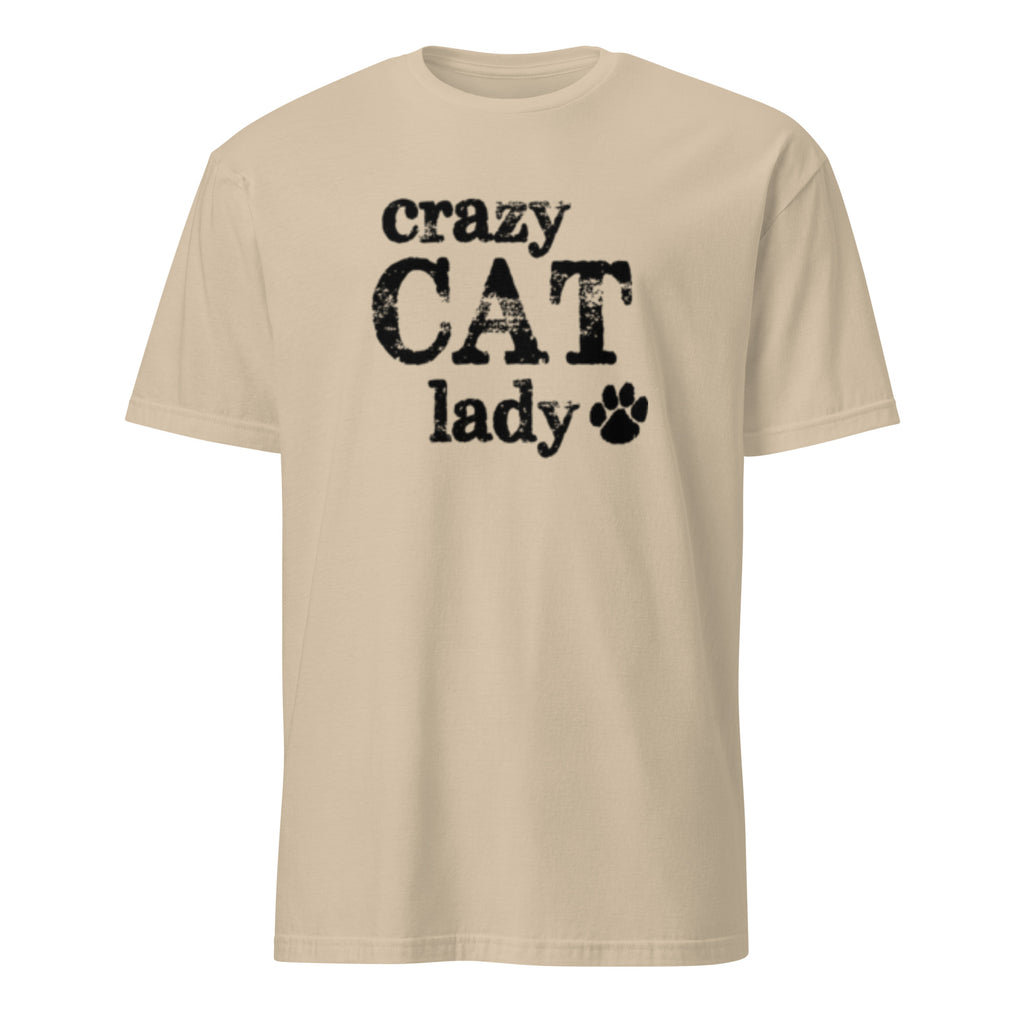 Beige t-shirt with 'crazy CAT lady' text and paw print on a white background