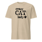 Beige t-shirt with 'crazy CAT lady' text and paw print on a white background