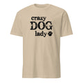 Beige t-shirt with 'crazy DOG lady' text and paw print on a white background