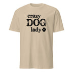 Beige t-shirt with 'crazy DOG lady' text and paw print on a white background