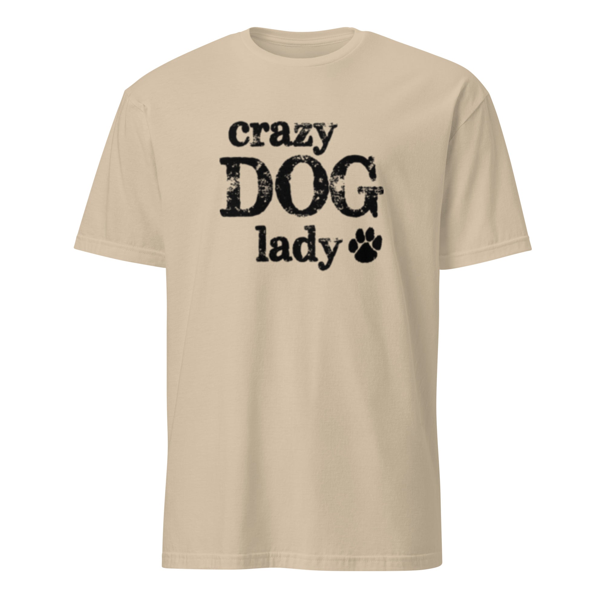 Beige t-shirt with 'crazy DOG lady' text and paw print on a white background