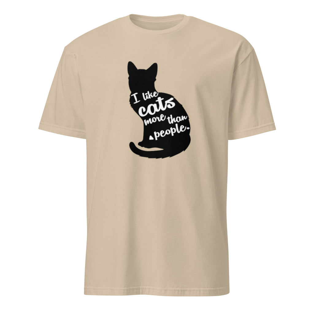 Beige t-shirt with a black cat graphic and I Like Cats More Than People text on a white background