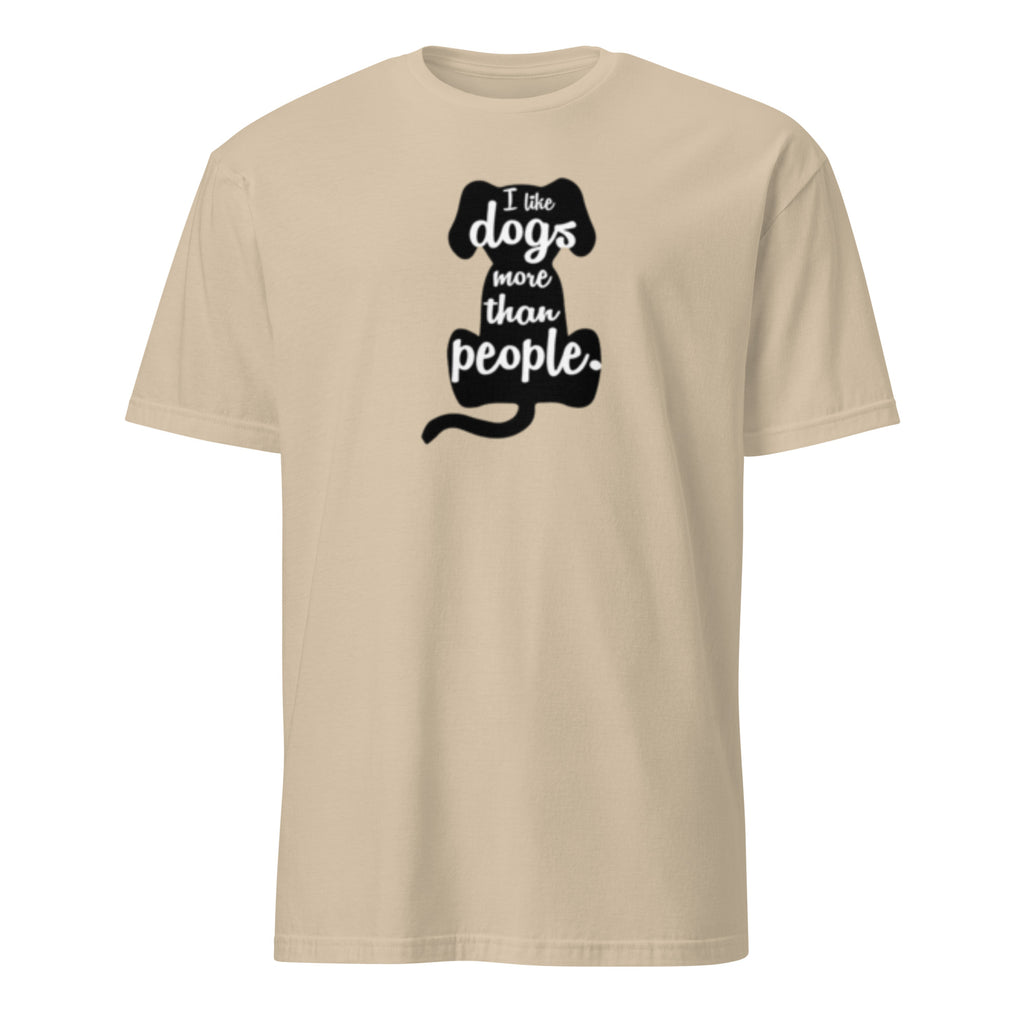 Sand t-shirt with 'I Like Dogs More Than People" text inside a dog graphic on a white background