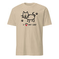 Beige t-shirt with a cat graphic and 'I love my cat' text on a white background