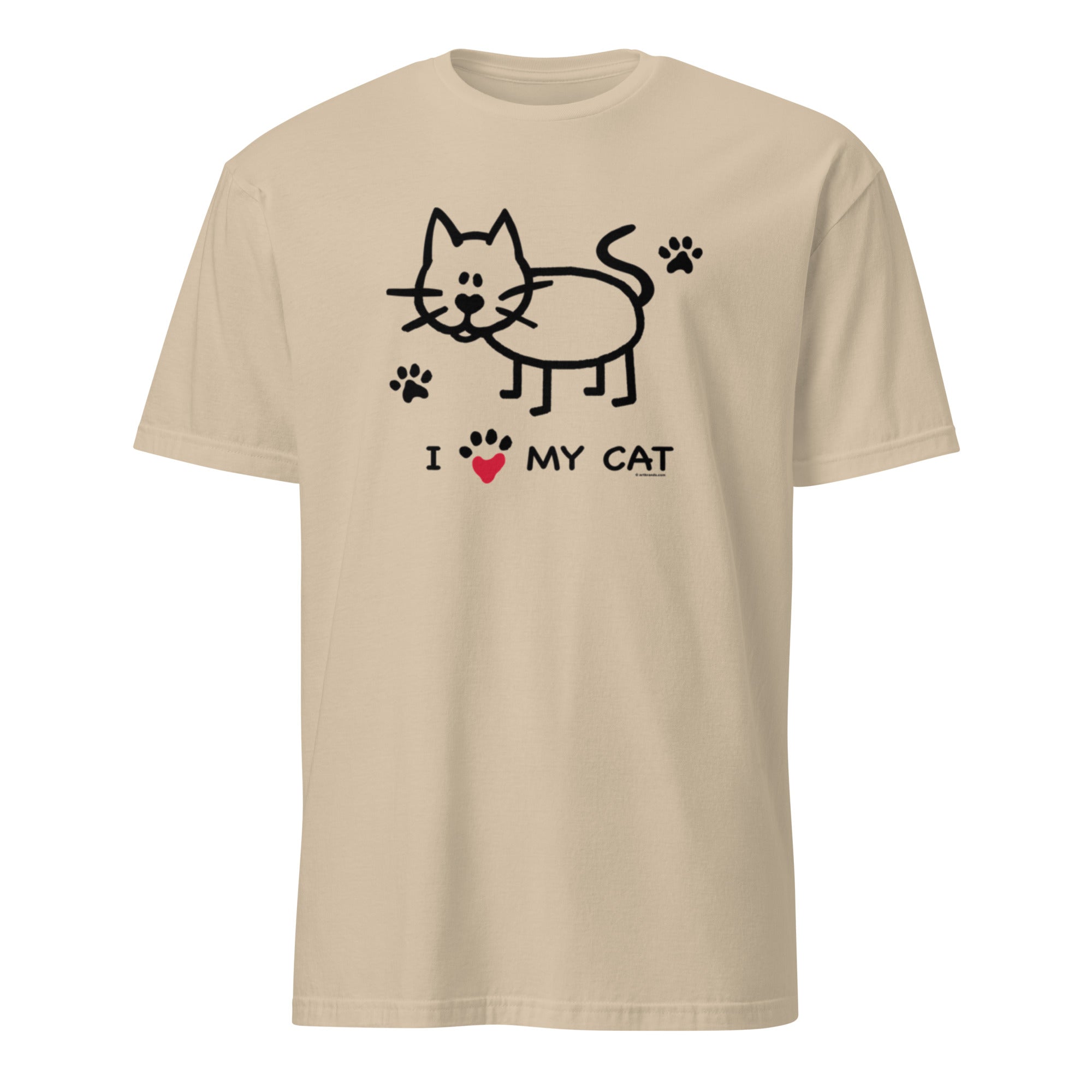 Beige t-shirt with a cat graphic and 'I love my cat' text on a white background