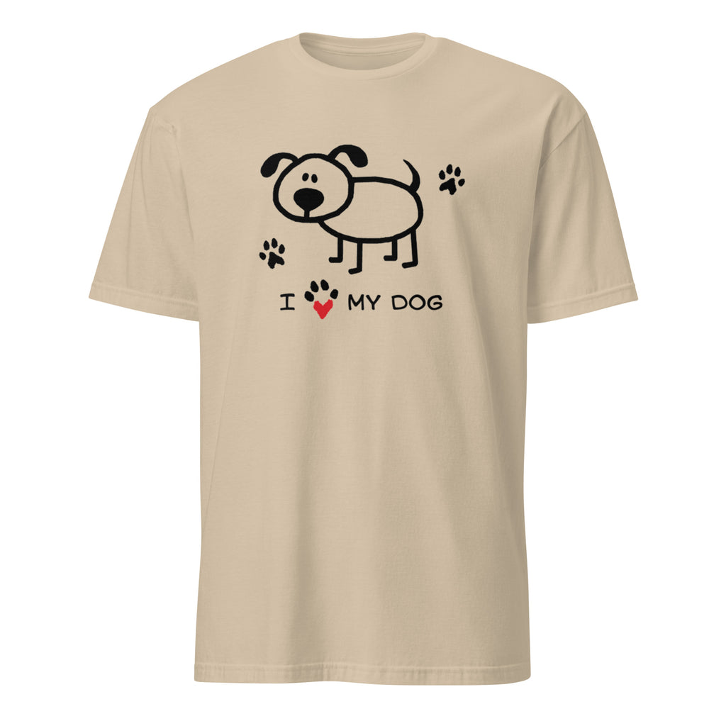 Beige t-shirt with a dog graphic and 'I love my dog' text on a white background