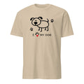 Beige t-shirt with a dog graphic and 'I love my dog' text on a white background