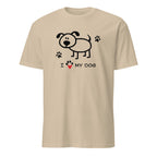 Beige t-shirt with a dog graphic and 'I love my dog' text on a white background