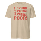 Beige t-shirt with red text on a white background