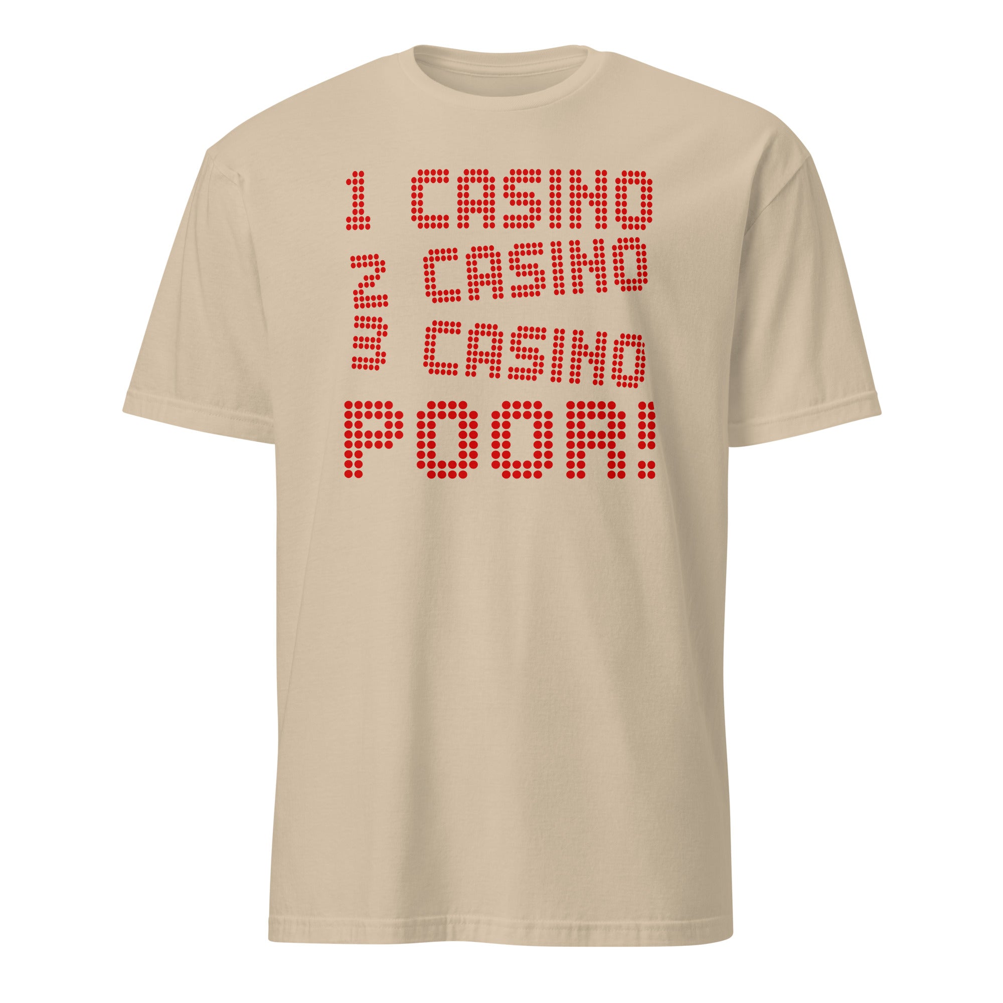 Beige t-shirt with red text on a white background
