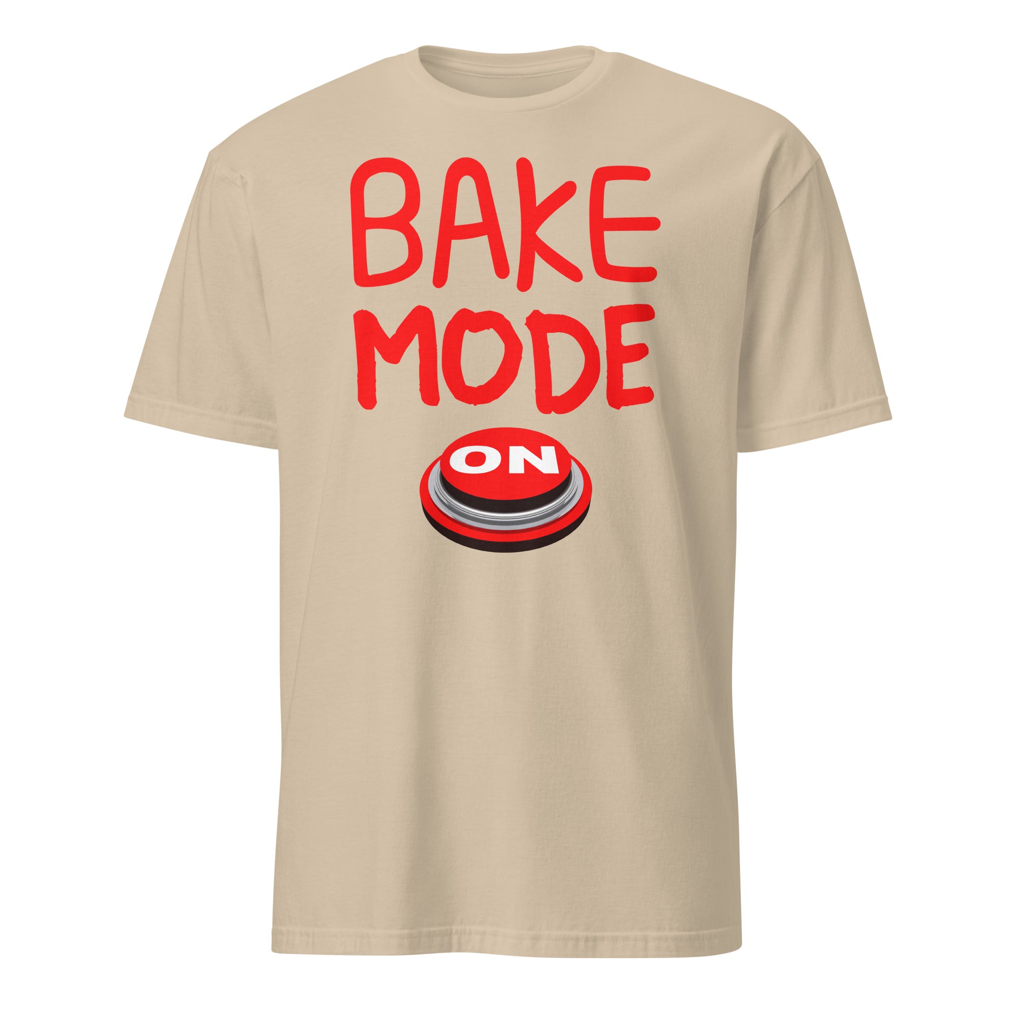 Beige t-shirt with red 'BAKE MODE ON' text and graphic on a white background