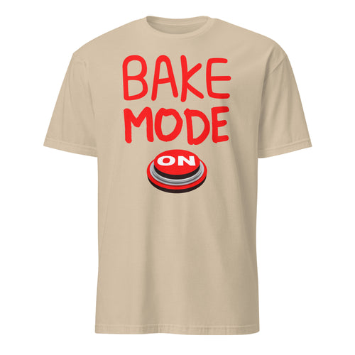 Beige t-shirt with red 'BAKE MODE ON' text and graphic on a white background