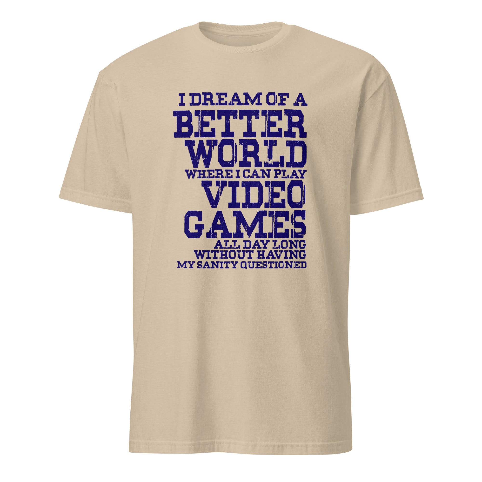 Beige t-shirt with blue text on a white background