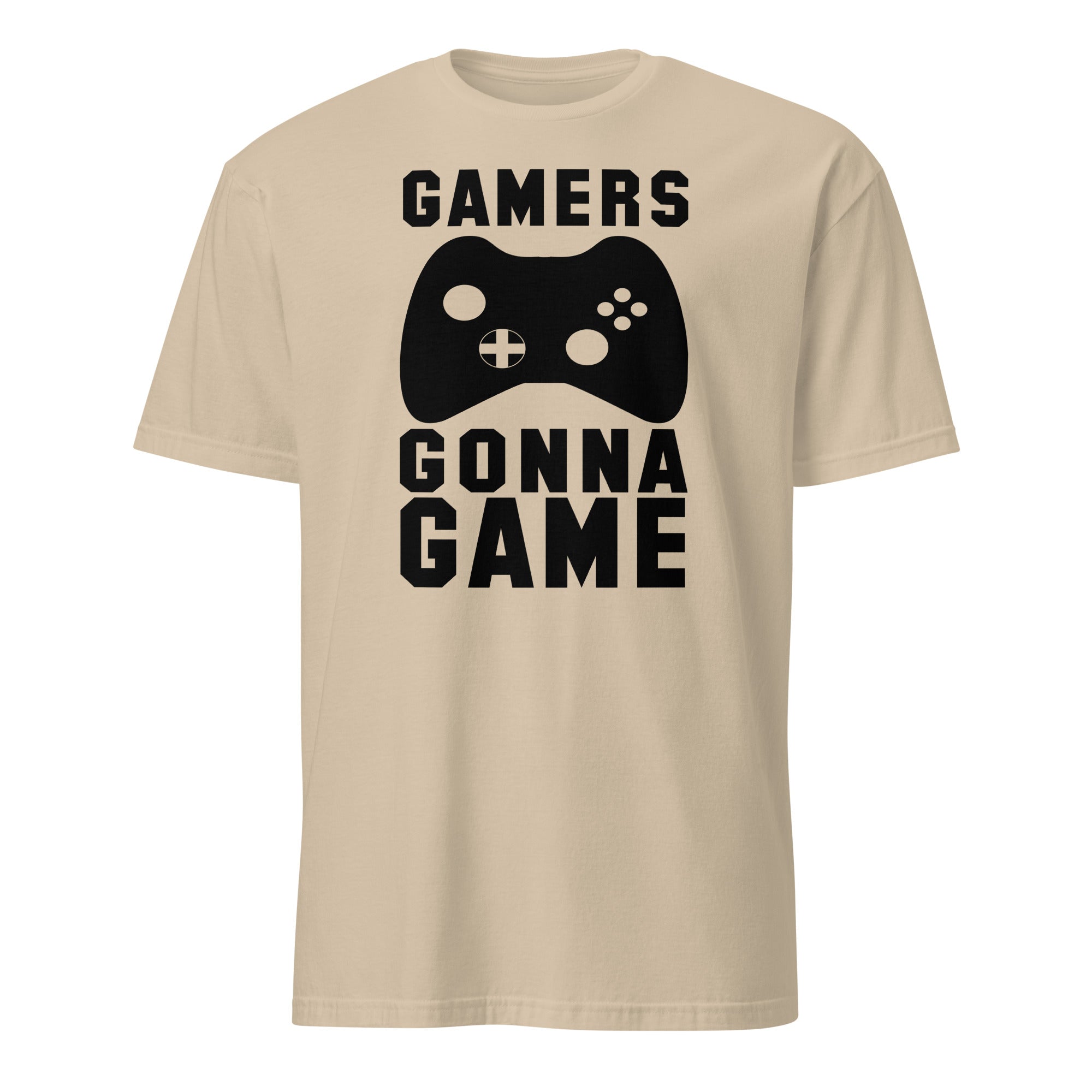 Beige t-shirt with a black gaming controller graphic and text on a white background