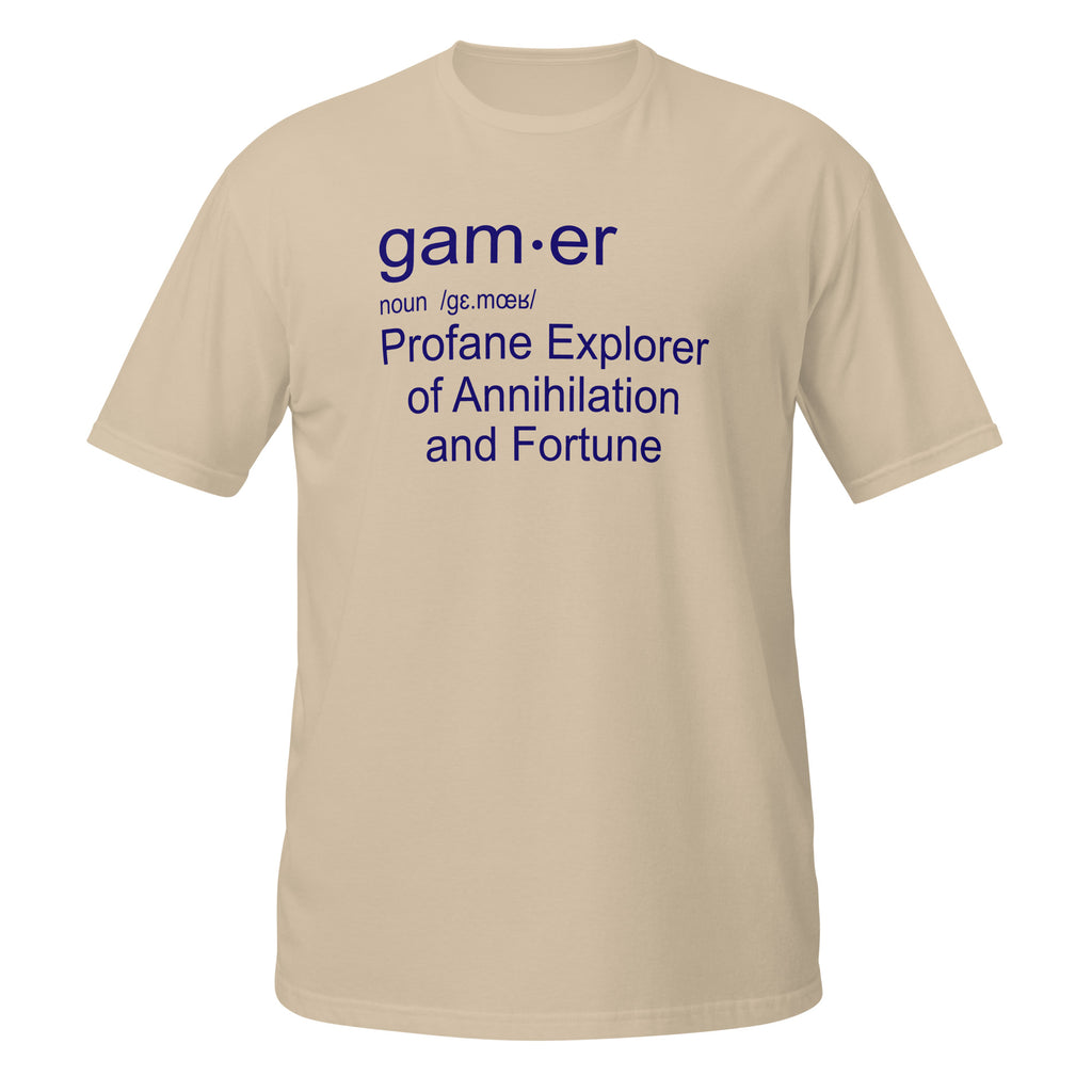 Beige t-shirt with blue Game Definition text on a white background