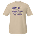 Beige t-shirt with blue Game Definition text on a white background