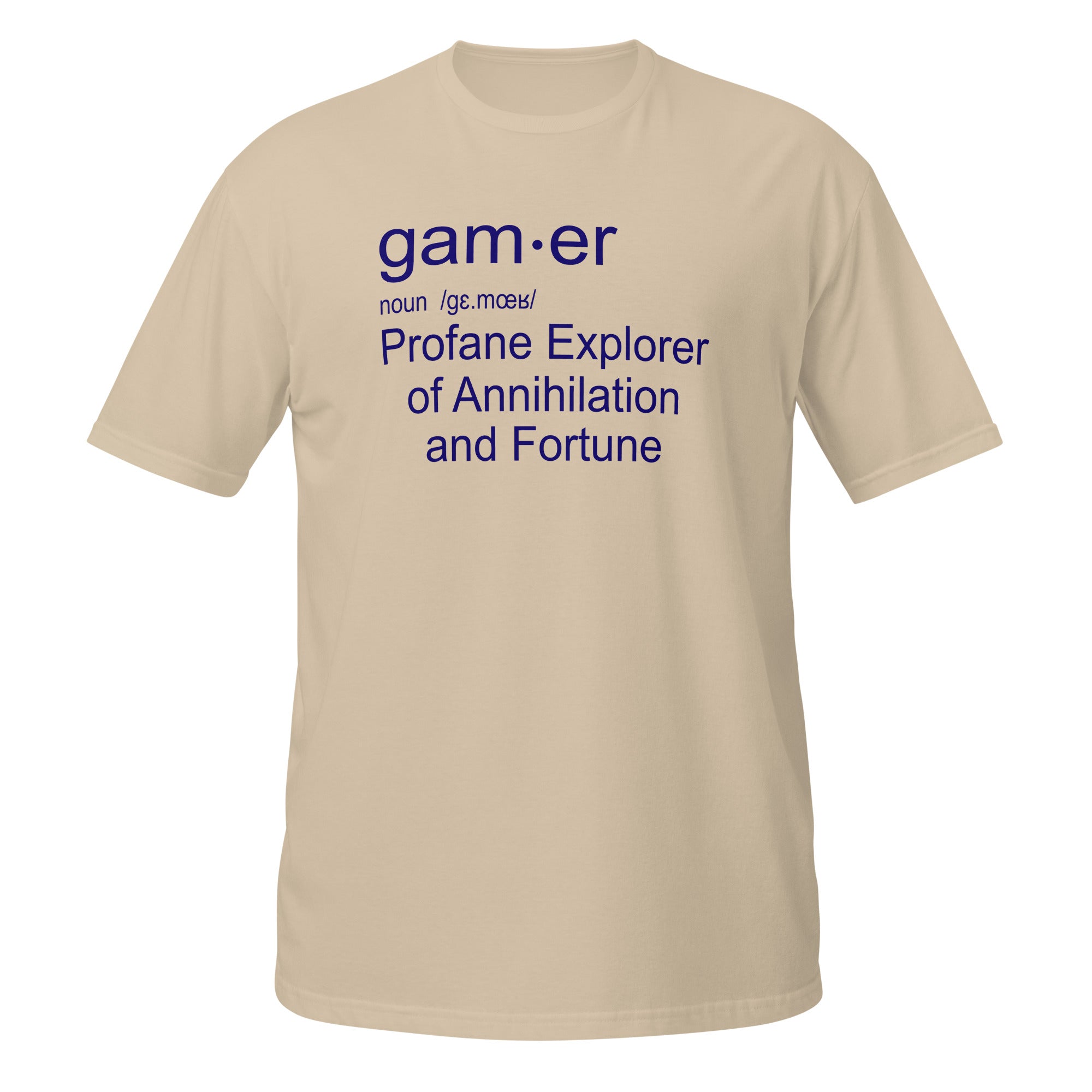 Beige t-shirt with blue Game Definition text on a white background