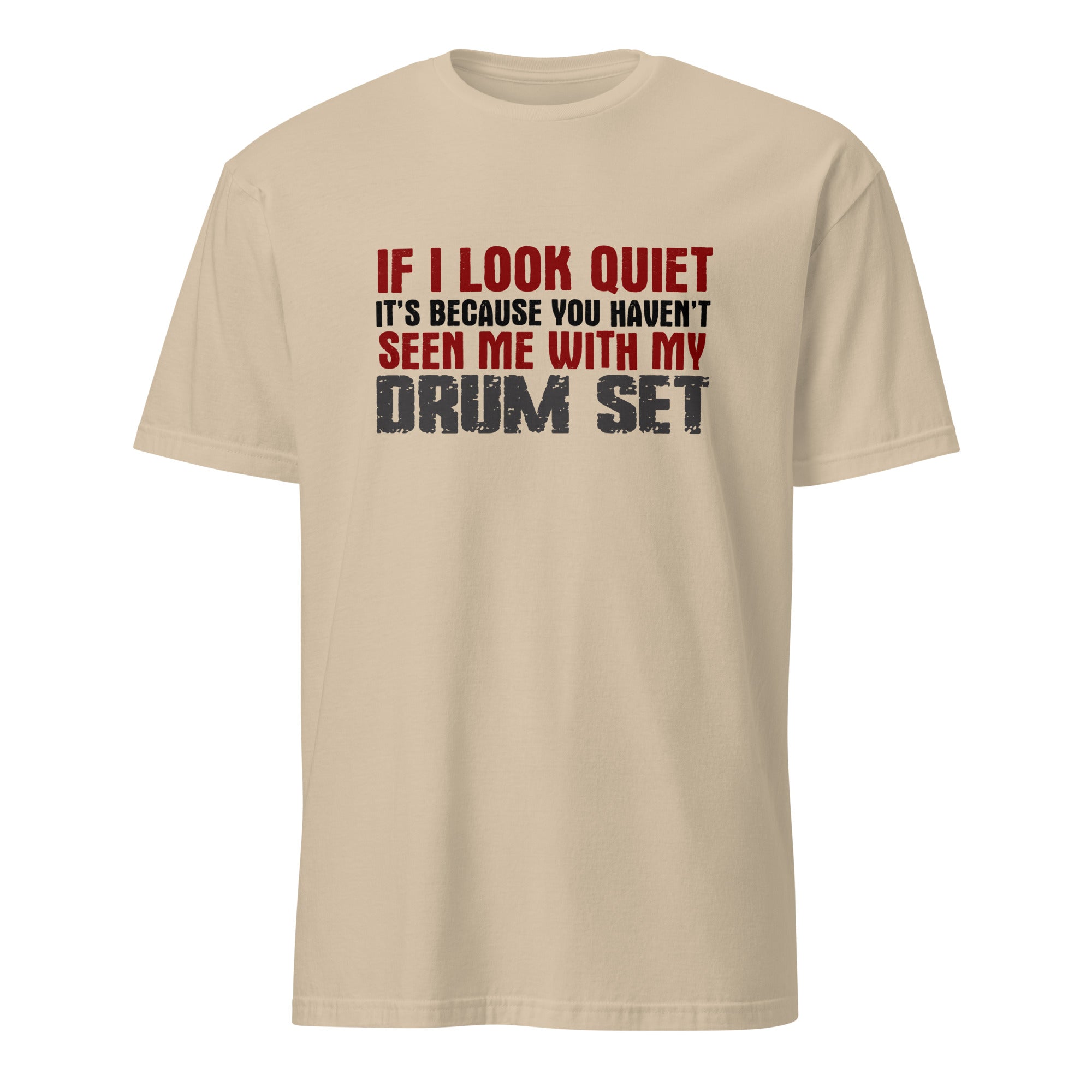 Beige t-shirt with humorous text design on a white background