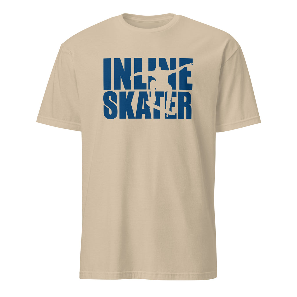 Beige t-shirt with blue 'Inline Skater' text on a white background